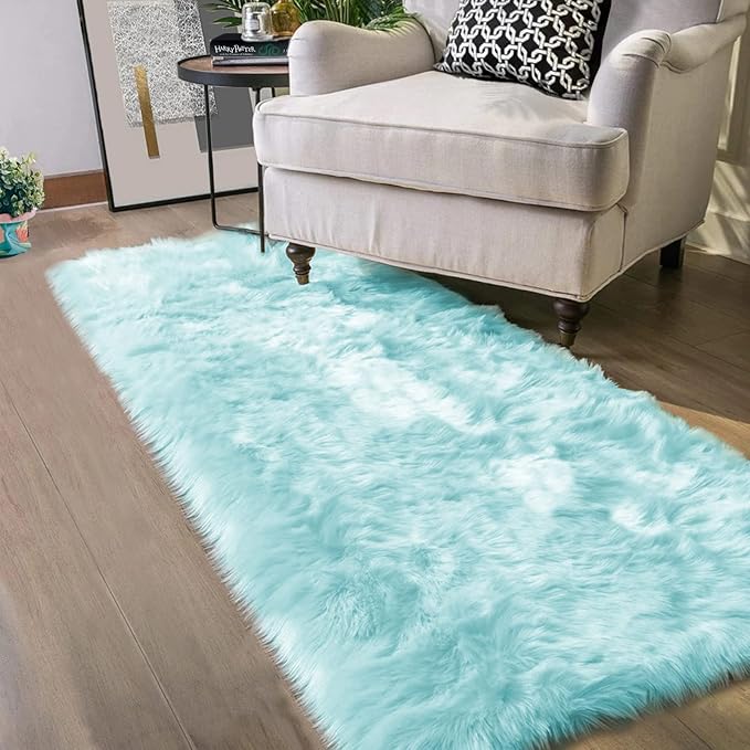 Latepis Light Blue Fluffy 2x6 Rug Runner Teal Shag Washable Area Rugs Faux Fur by Latepis