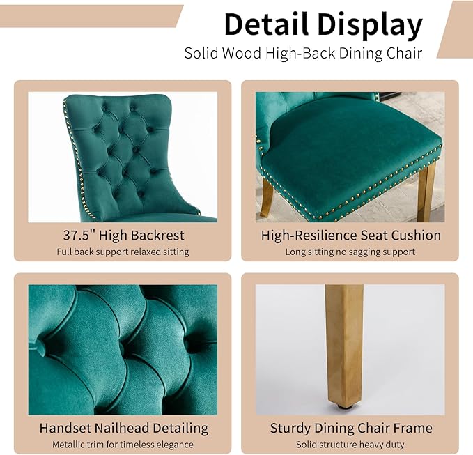 Luxury Upholstered Dining Chairs Set of 2, Green Kitchen Chair with Golden Me...
