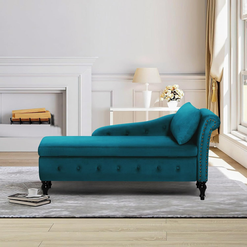Velvet Chaise Lounge w/Right Armrest & Storage Space, Teal