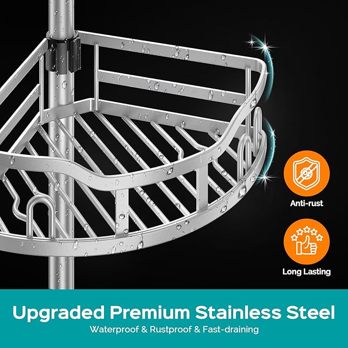HAMITOR Corner Shower Caddy Tension Pole: Rustproof 4-Tier Bathroom Organizer