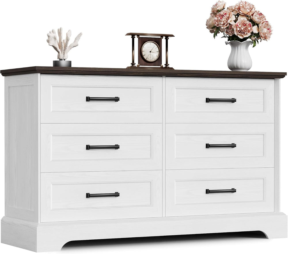 Furmax Farmhouse Dresser for Bedroom, 6 Drawers Dresser, White & Brown