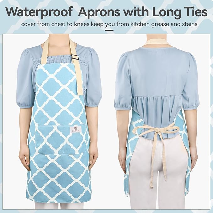2 Pieces Aprons for Women with Pockets, Cotton Linen Waterproof Kitchen Cooking - Image 5
