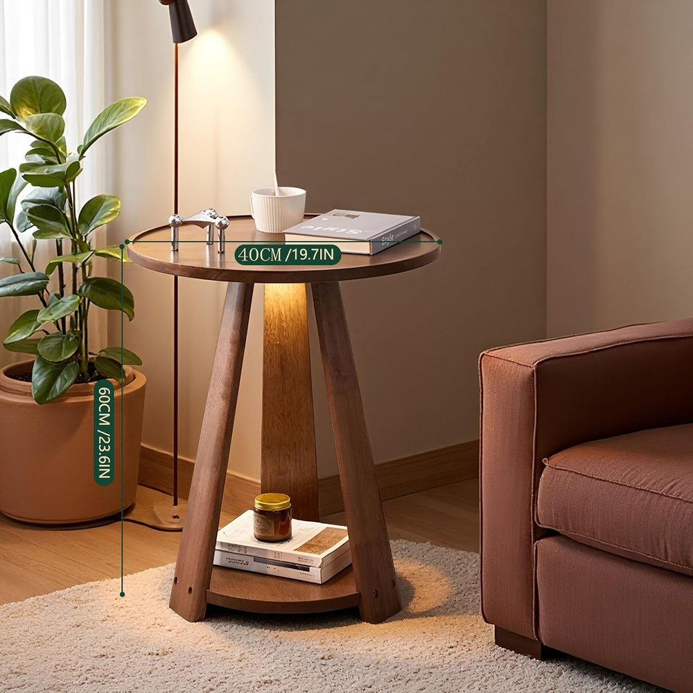 100% Solid Wood Round End Table, 2-Tier Side Table with Anti-Drop Tray Top, S...