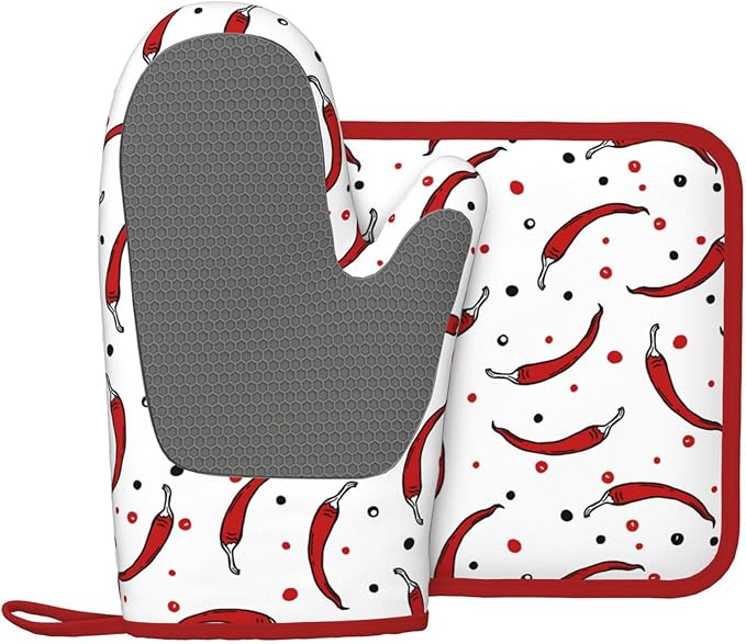 Pepper Silicone Oven Mitts Pan Mats Set of 2, Heat Resistant Gloves Potholder - Image 2