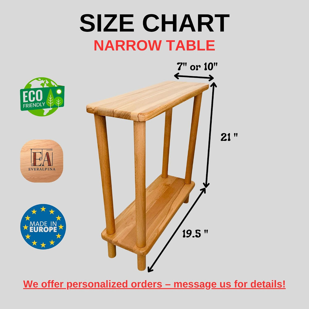 Handmade Slim Side Table Solid Beech Wood for Couch Living Room, Authentic Na...