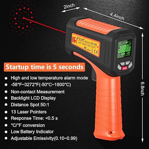 50:1-58°F ~3272°F FKM Infrared Thermometer High Temperature Gun, Non Contact - Image 9