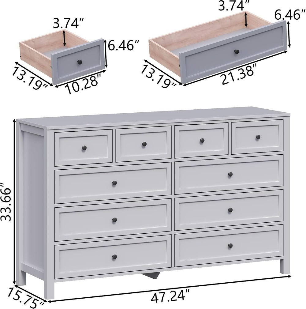 Grey Dresser with 10 Drawers, Farmhouse Chest of Drawers for Bedroom