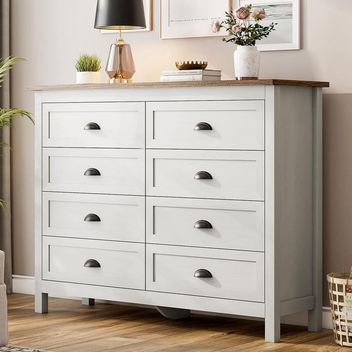 Antique White 8 Drawer Dresser for Bedroom, Farmhouse Wood Chest