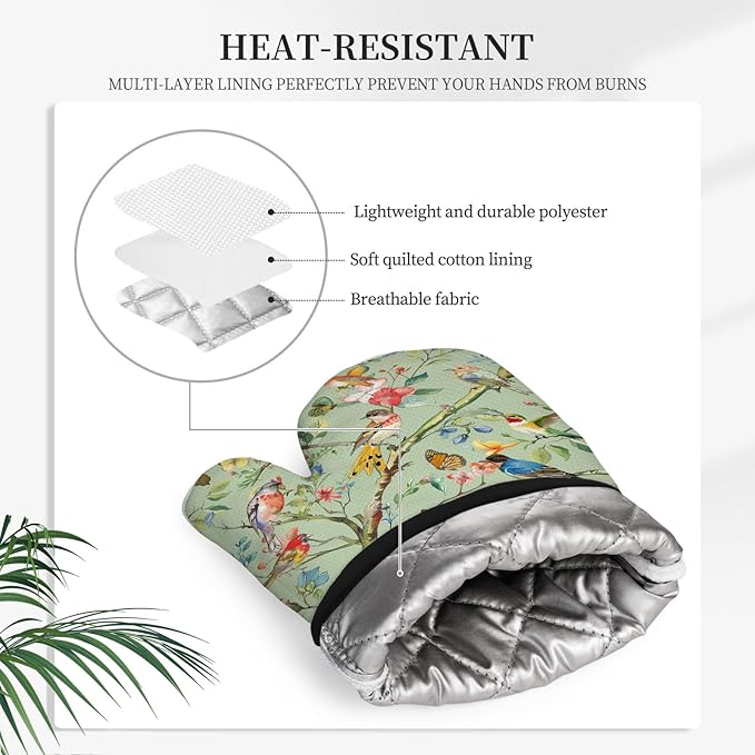 Bird Oven Mitts and Pot Holders Sets 3PCS, Floral Botanical Print Silicone Oven - Image 5