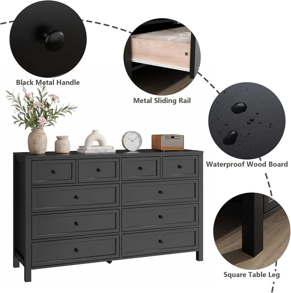 Black Dresser with 10 Drawers, Farmhouse Chest of Drawers for Bedroom