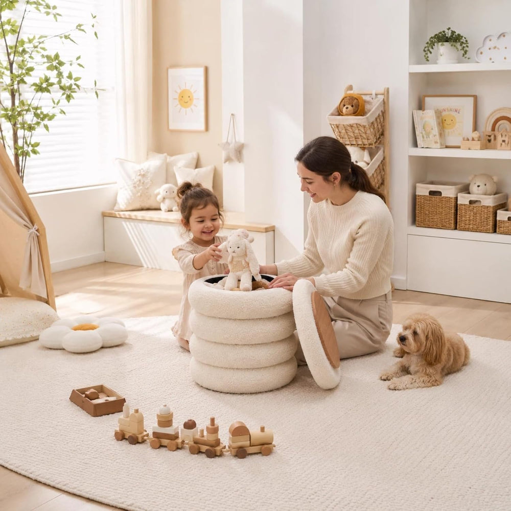 Wimarsbon Round Storage Ottoman, Modern Sherpa Footstool, Teddy Vanity Stool ...