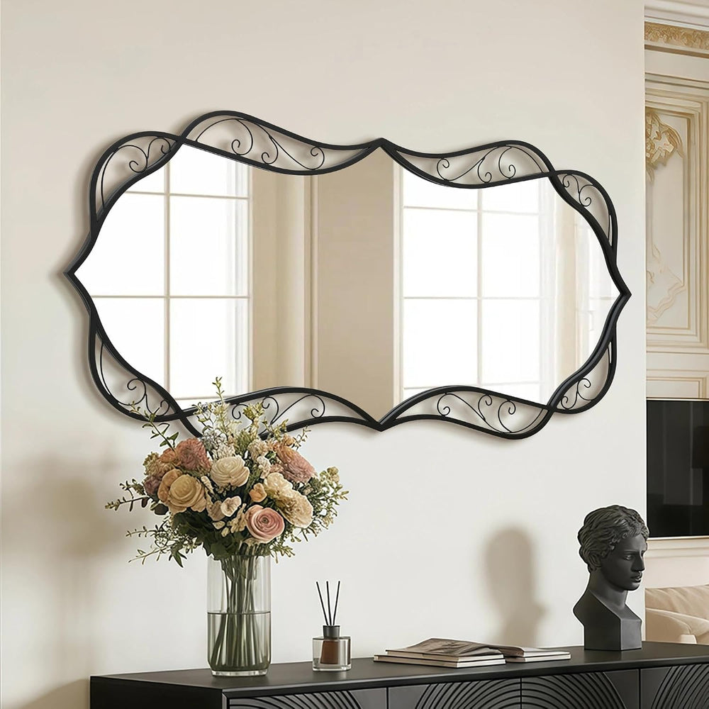 Besdomus Black Bathroom Wall Mirror: 24"x48" Framed Decorative Wavy...