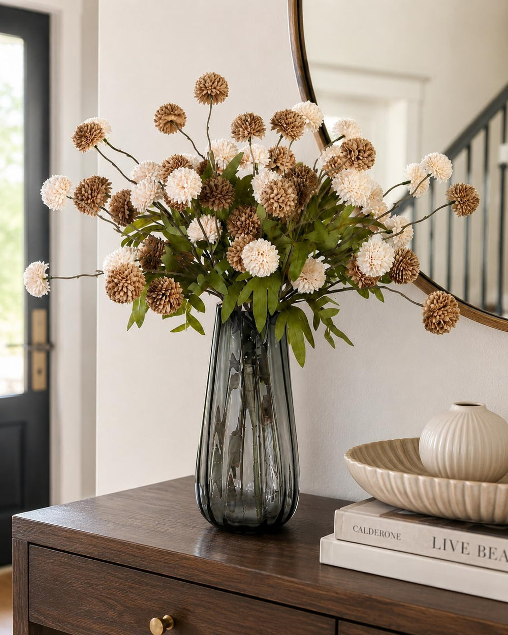 Brown Neutral Fall Decor with Vase, Artificial Chrysanthemums for Indoors