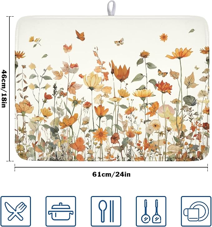 Fall Floral Dish Drying Mat for Kitchen Counter Orange Rustic Vintage - Image 2