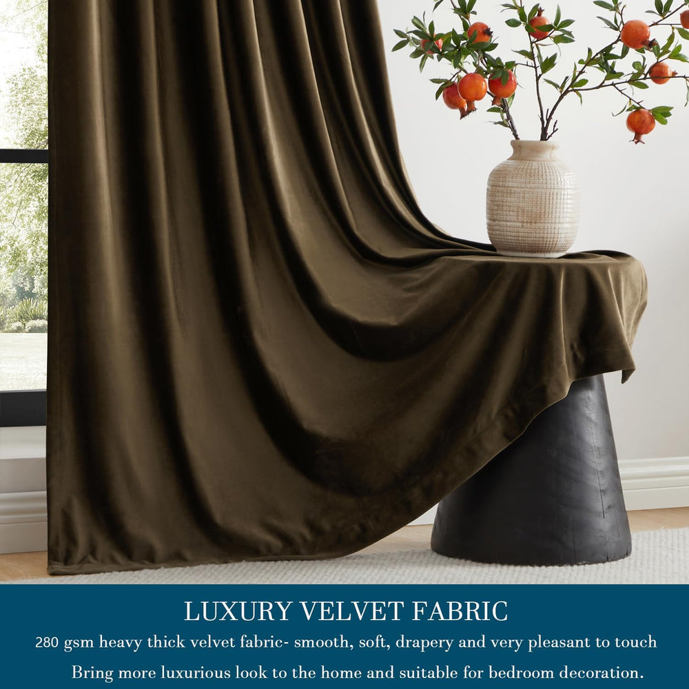 PRIMROSE Brown Velvet Curtains 96 inch Long for Living Room,Set of 2 Panels B...