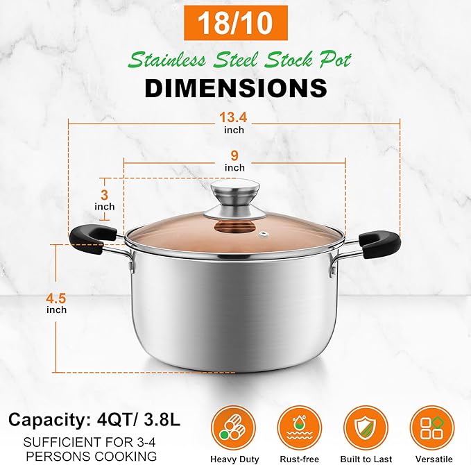 P&P CHEF 4 Qt Stockpot with Lid, Stainless Steel Cooking Stock Pot - Image 2