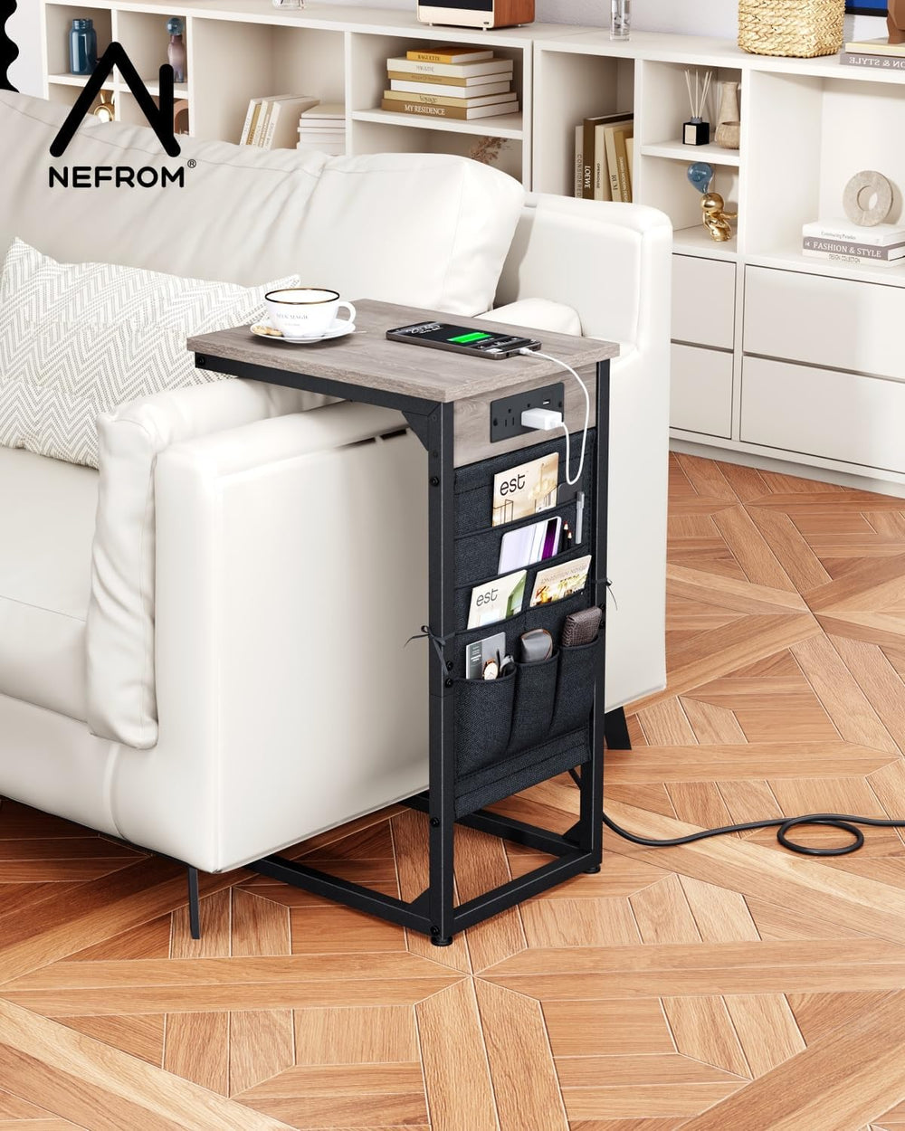 C-Shaped End Table with Fast-Charging Station, Small Couch Side Table with St...