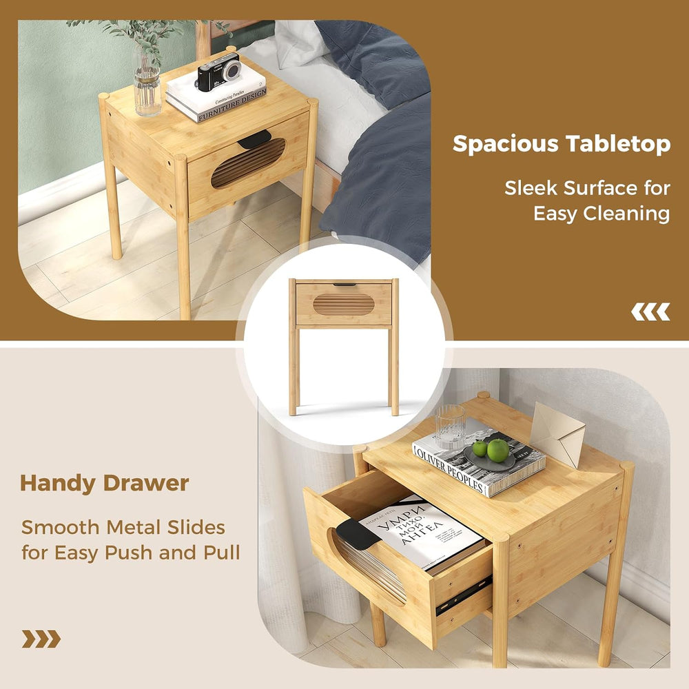 Giantex Bamboo Nightstand Set of 2, Mid Century Modern Bedside Table with Tem...