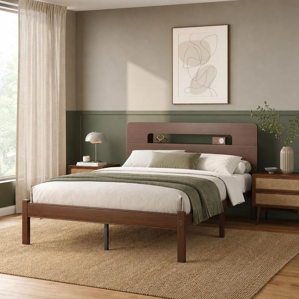 14" Bamboo Wood Full Size Bed Frame with Storage Headboard