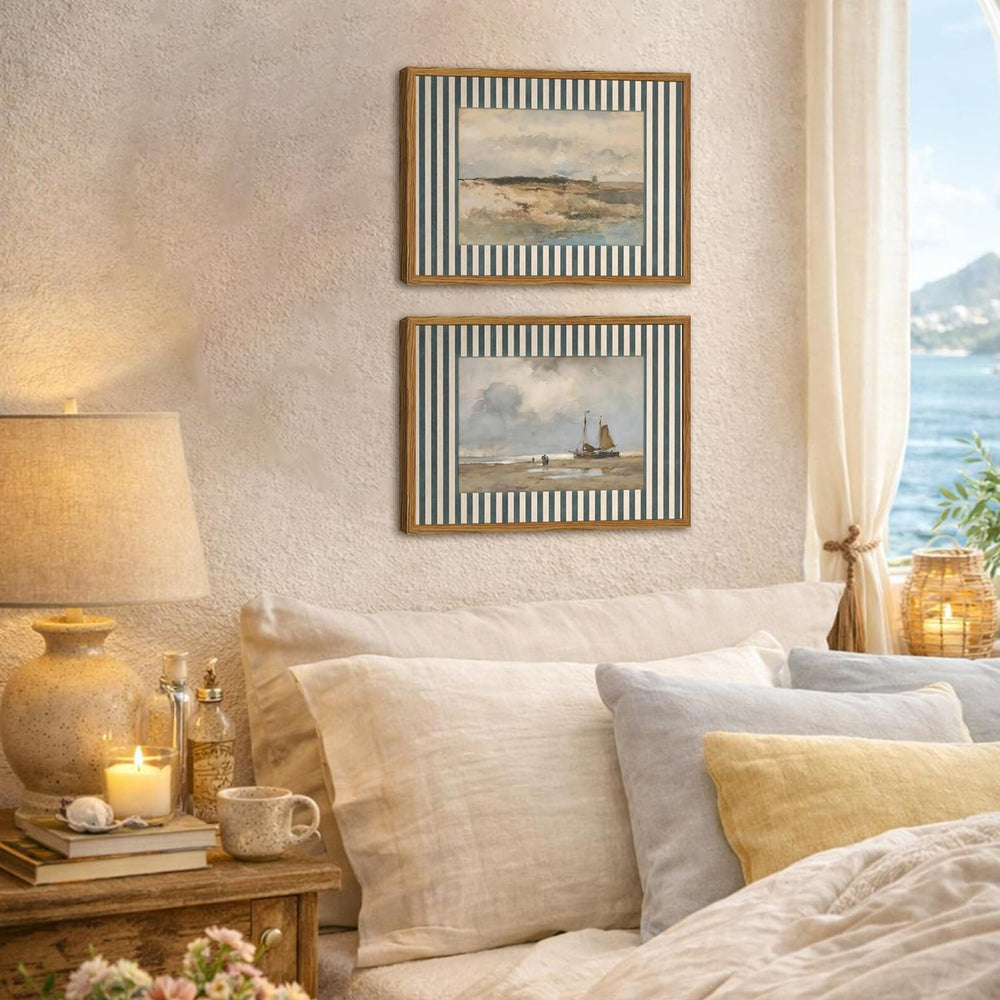 Framed Vintage Coastal Landscape Wall Art Set of 2, Retro Blue and White Stri...