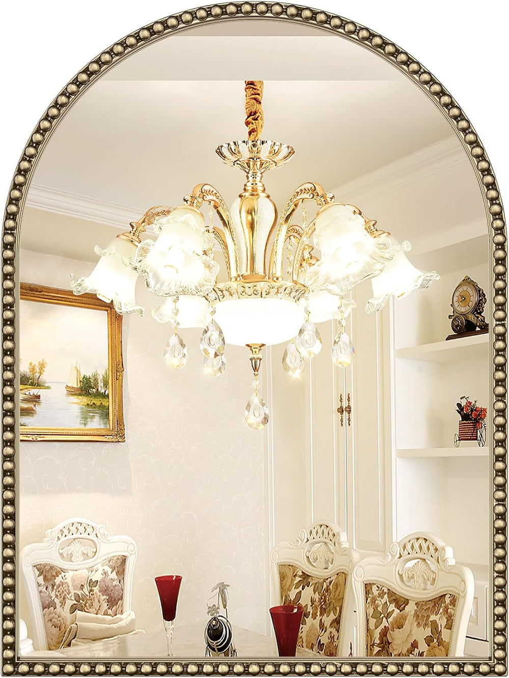 Beaded Arched Mirror for Wall, 30"x40" Gold Arch Brass Bathroom Mir...