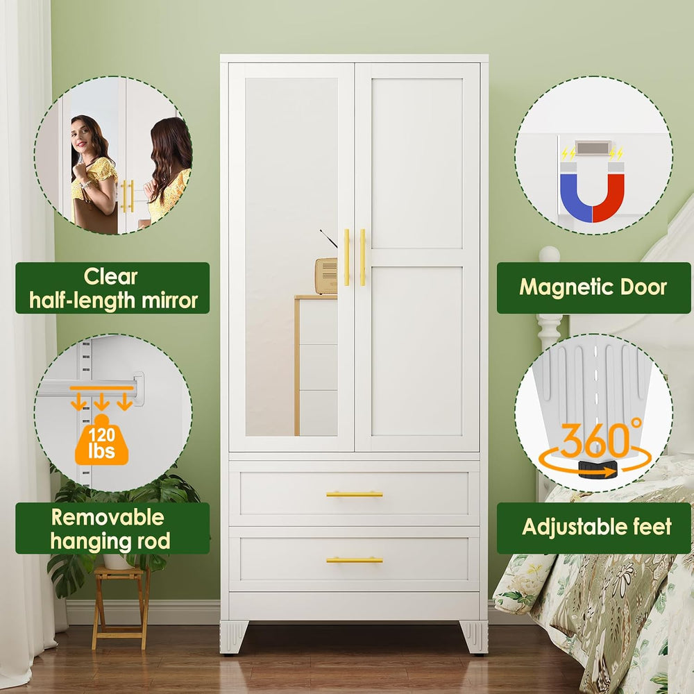 Metal Armoire Wardrobe, 71" Tall Bedroom Closet with Mirror and 2 Drawers
