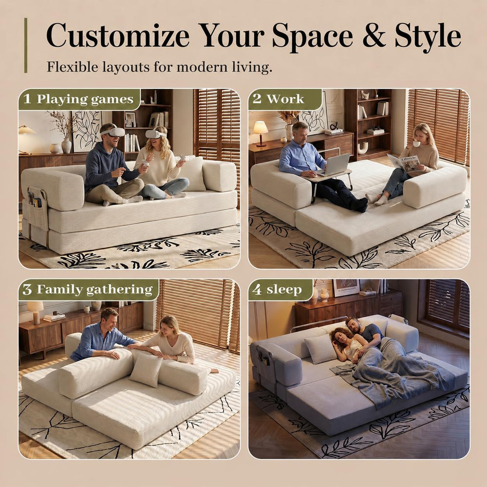 Folding Sofa Bed Convertable Corduroy Couch King Size Floor Sleeper 4-in-1 DI...