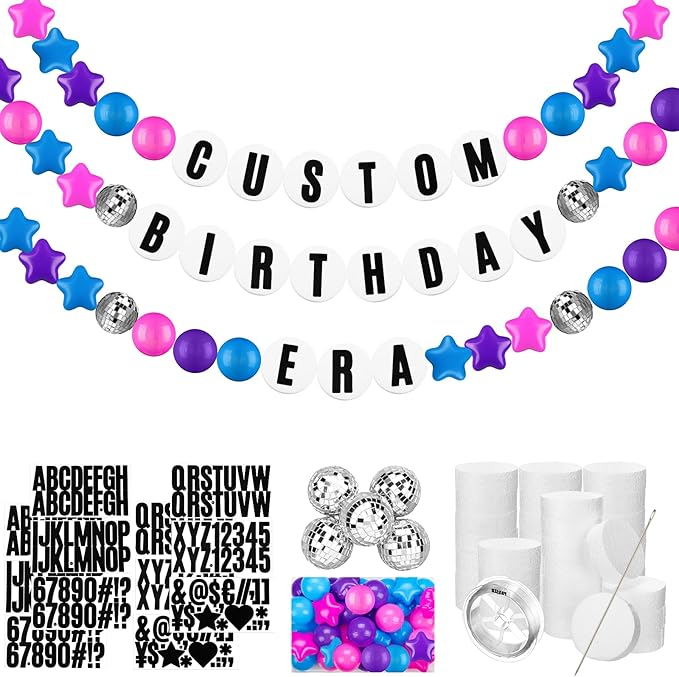 Giant Friendship Bracelet Garland Kit, DIY Birthday Banner with Letters Ball Jumbo Customizable Friendship Bracelet Decor for Halloween Christmas Wedding Party(Blue, Pink, Purple)