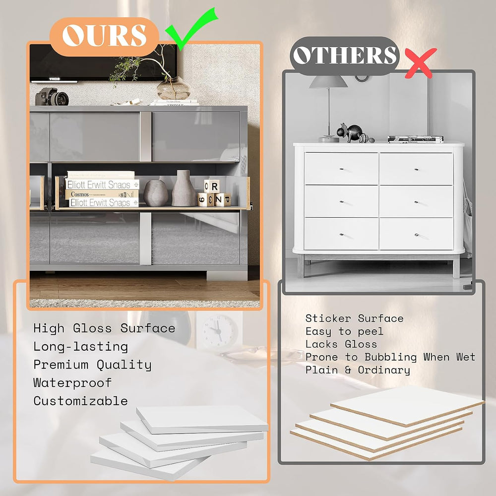 AMERLIFE 6 Drawer Dresser, Modern Storage Chest, High Gloss Finish, Grey