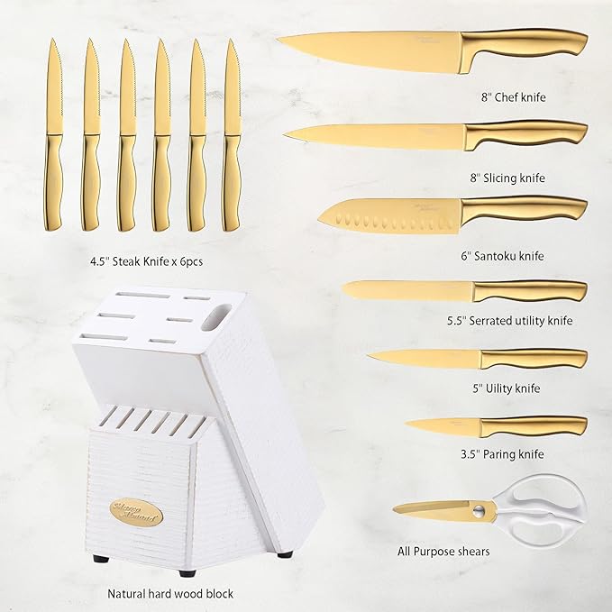 Marco Almond® Gold Knife Set, Knife Block Set MA21, Titanium Coated 14 Pieces - Image 6