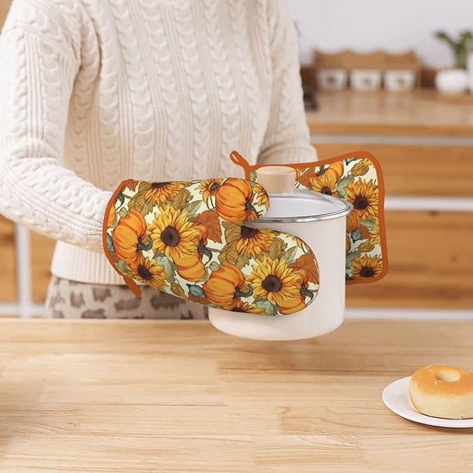 Fall Pumpkin Sunflower Silicone Oven Mitts Pan Mats Set of 2, Heat Resistant - Image 7