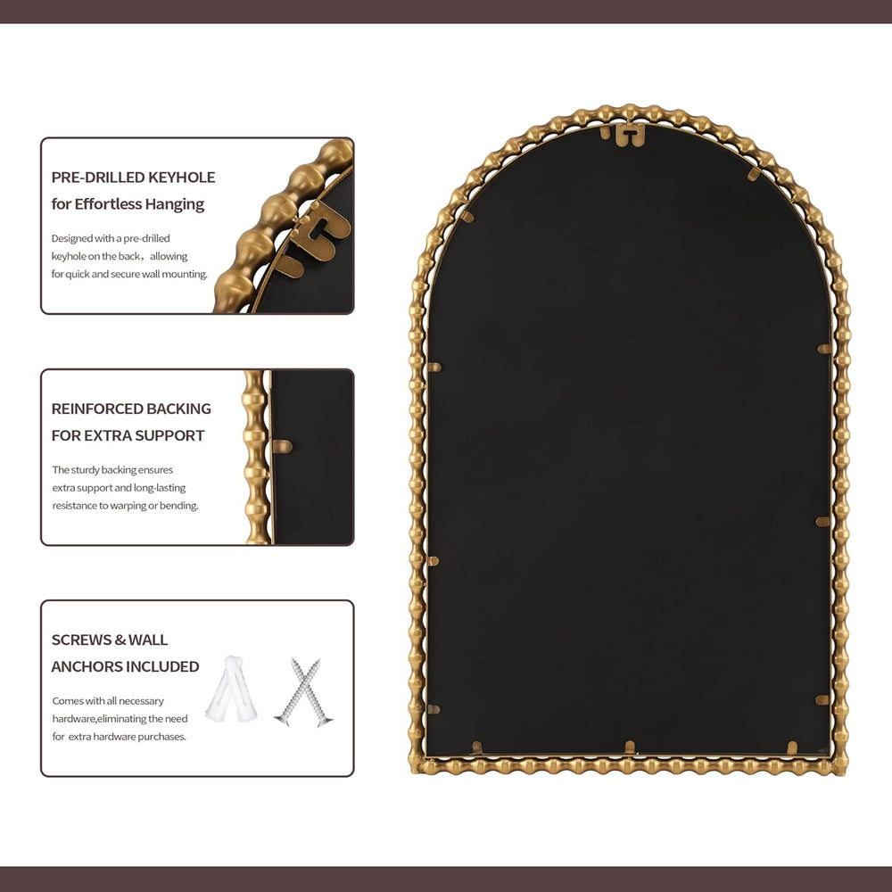 24"x36" Antique Gold Arched Bathroom Mirror, Bold Beaded Frame