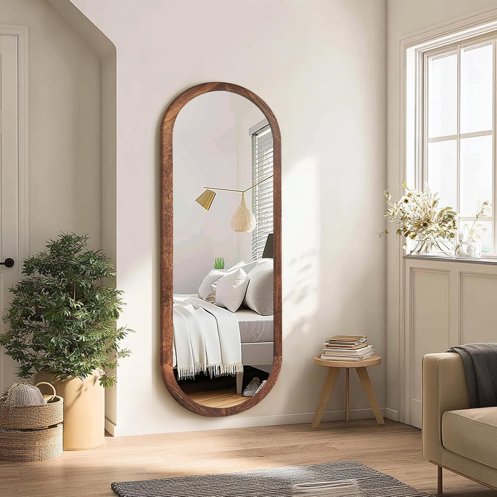 48x16in Oval Full Length Mirror Solid Wood Frame, Brown