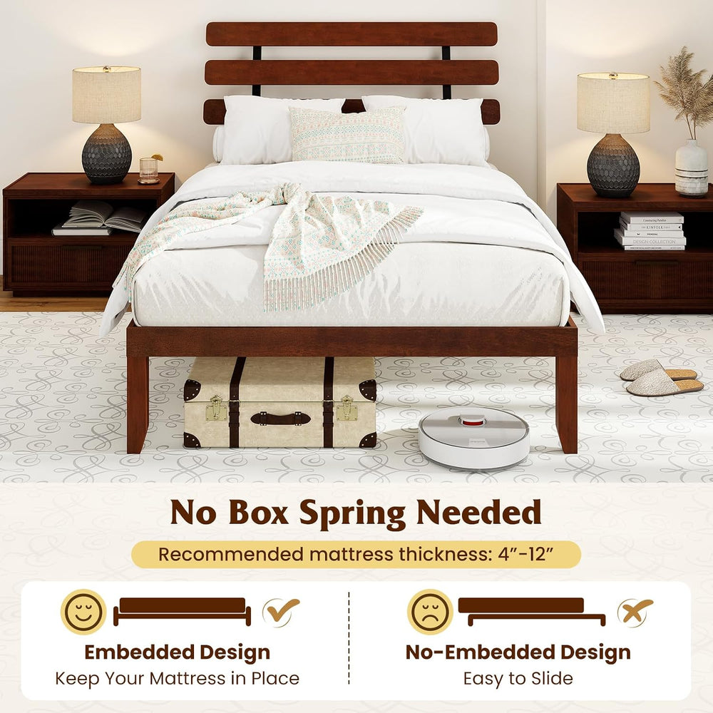 GIANTEX Full Size Platform Bed with Retro Headboard, Mid Century Modern Bed F...
