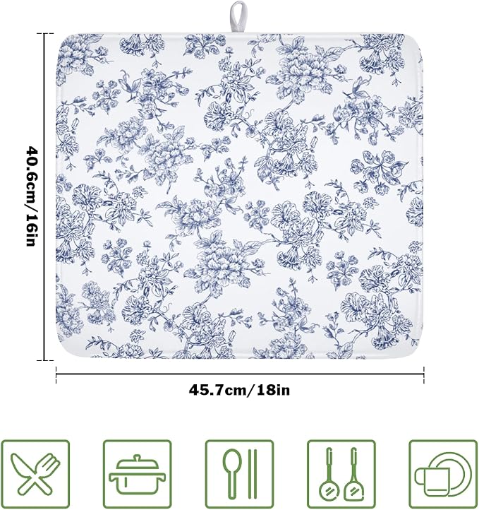 Blue Floral Dish Drying Mat for Kitchen Counter Chinoiserie Flower Microfiber - Image 2