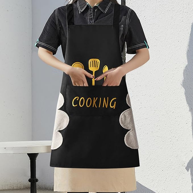 Women Kitchen Apron with Hand Wipe Pockets，Big Pocket, Hand-wiping, Waterproof - Image 3
