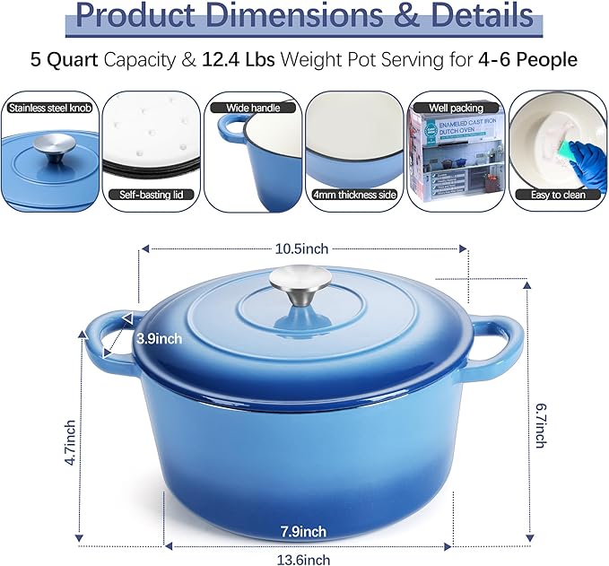 E-far Dutch Oven Pot with Lid, 5 Quart Enameled Cast Iron Round Dutch Oven - Image 2