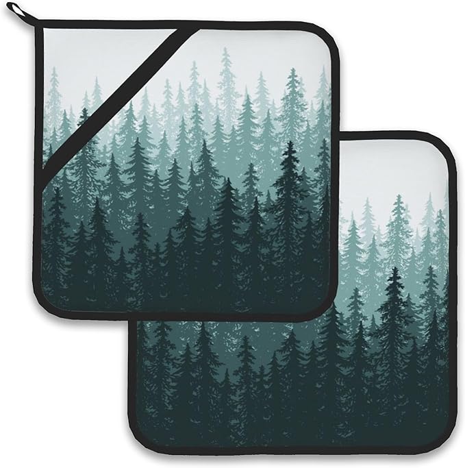 Misty Forest Landscape Pot Holder Set of 2, Heat Resistant Potholders Oven Hot by Larkverk