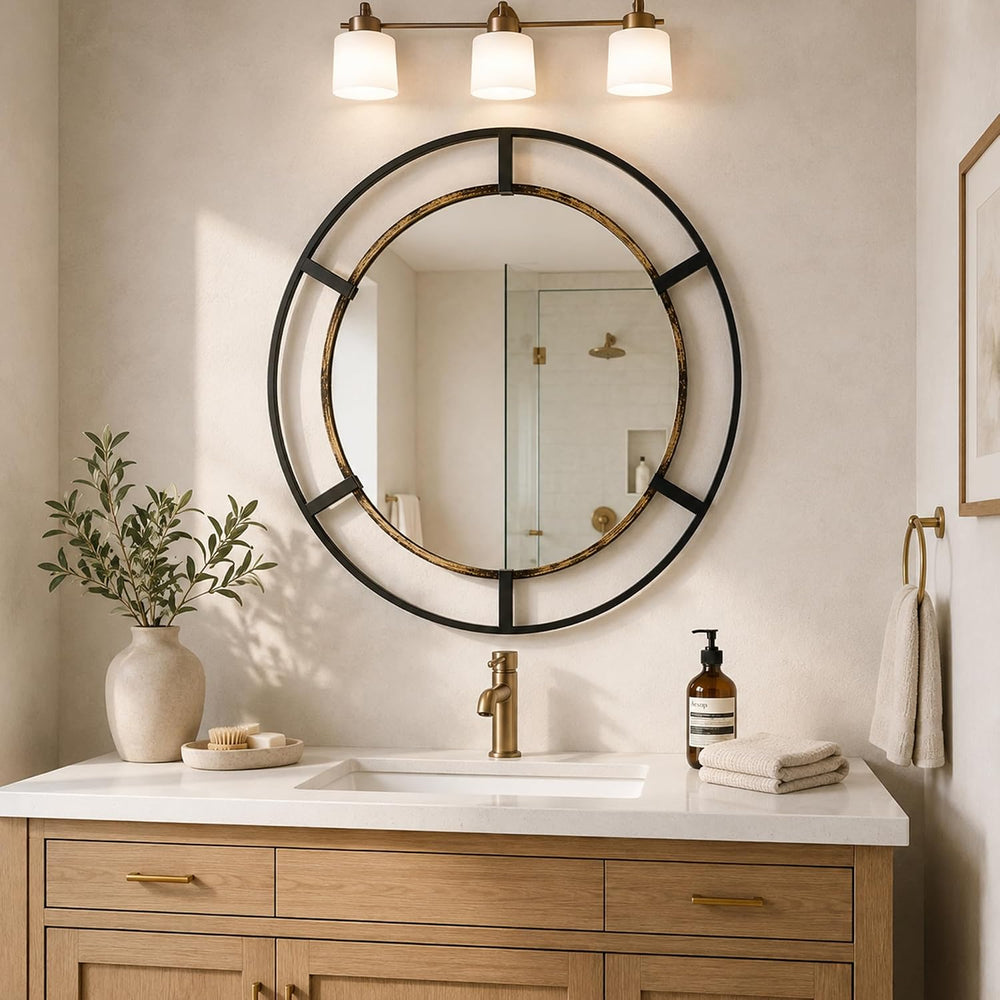 30 Inch Round Wall Mirror, Black & Antique Gold, Bathroom, Entryway