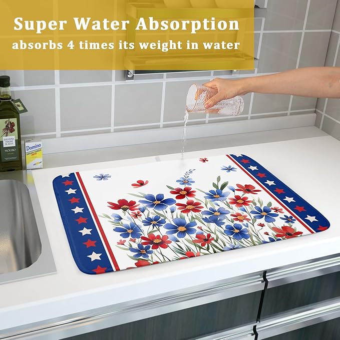 4th of July Dish Drying Mats for Kitchen Counter Summer Flowers Patriotic - Image 7