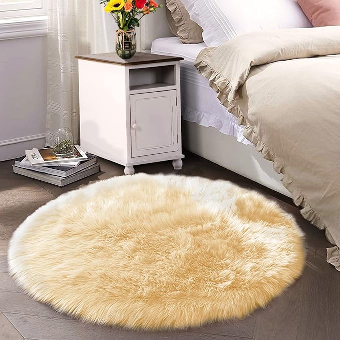 Latepis Yellow Round Rug for Living Room Faux Sheepskin Round Rugs 6ft Circle by Latepis