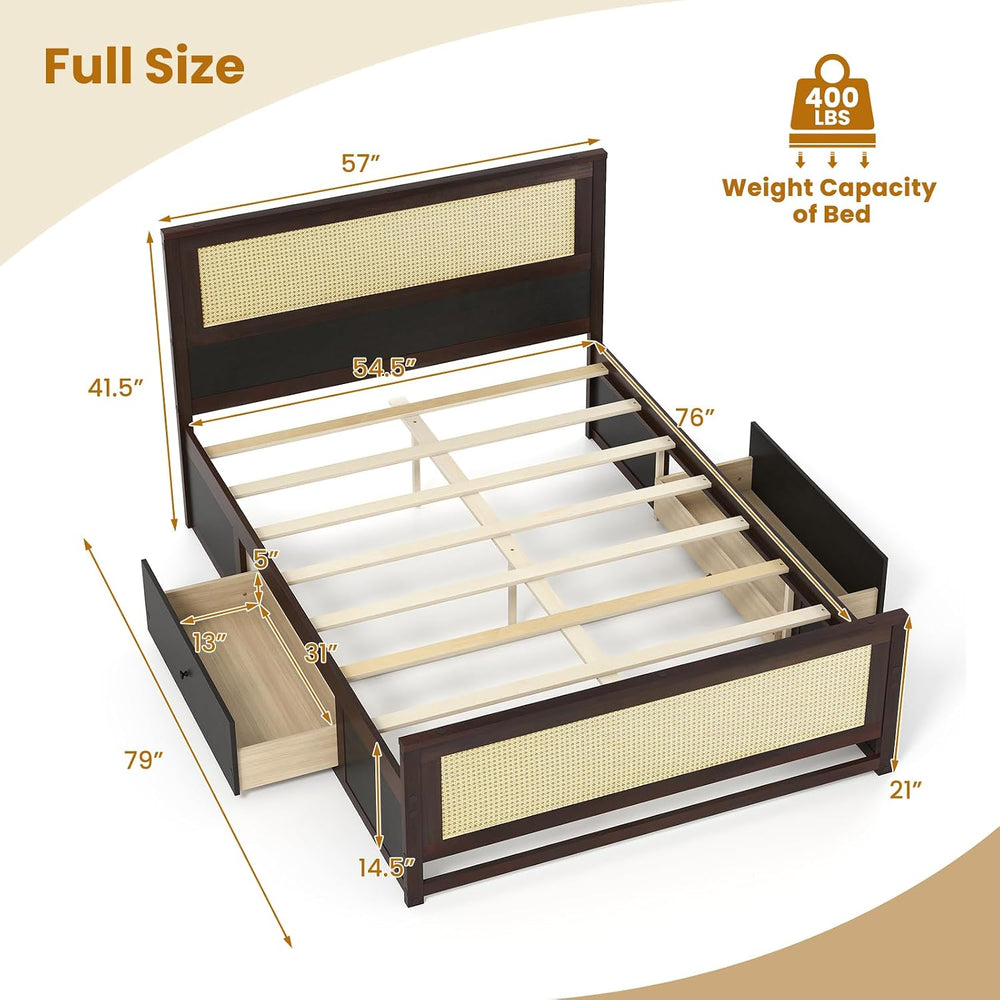 KOMFOTT Full Size Bed Frame with 2 Drawers, Rattan Bed Frame (Espresso)