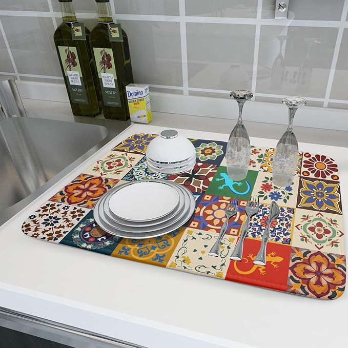 Giwawa Mexican Tile Dish Drying Mat 18"x24" Talavera Boho Floral Print Dish - Image 6