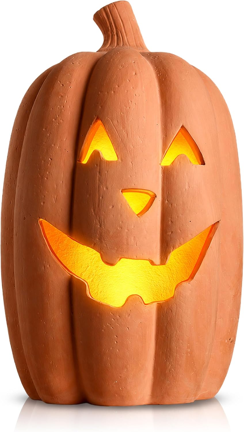 Halloween Lighted Terracotta Jack O Lantern Pumpkin 15 Inch Decor (Large)