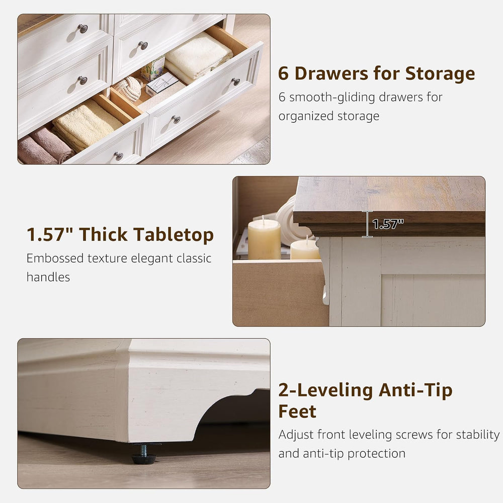 T4TREAM Farmhouse 6 Drawers Dresser for Bedroom, 54" Wide Wooden Chests