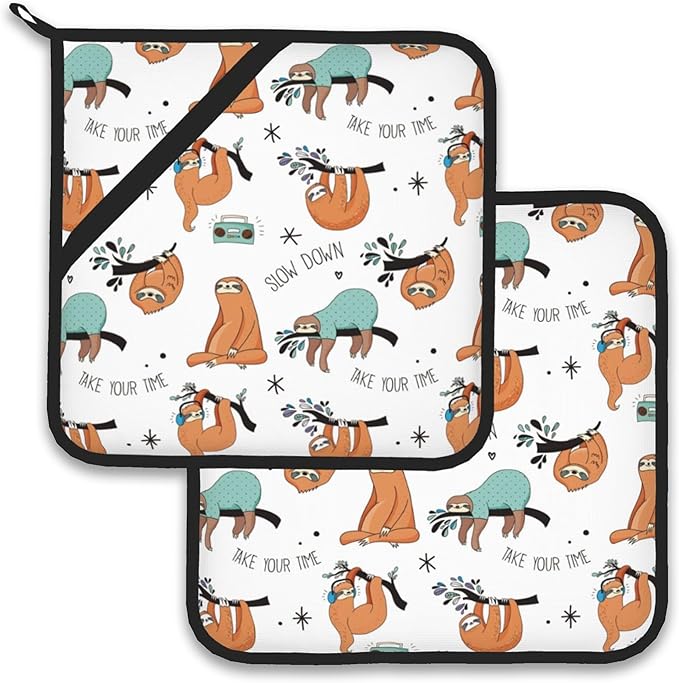 Funny Sloth Pot Holder Set of 2, Heat Resistant Potholders Oven Hot Pads by Larkverk
