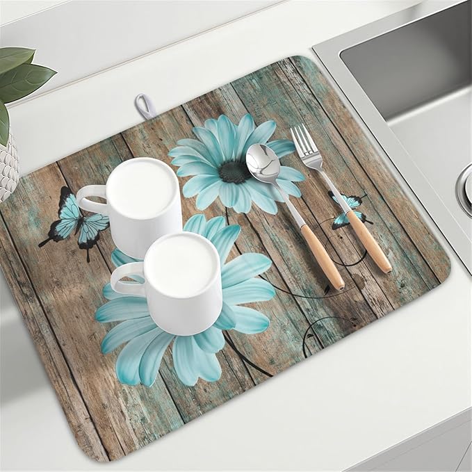 Teal Sunflowers Drying Mat 24x18 Inch, Summer Wooden Board Drying Mat - Image 8