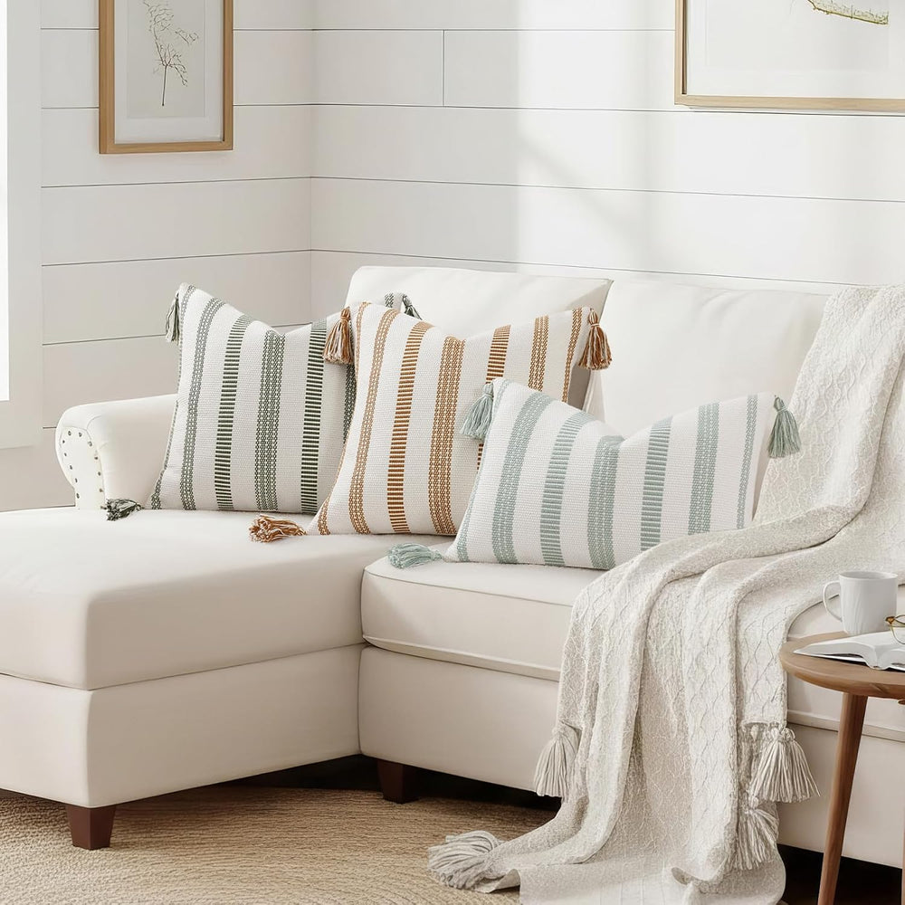 Smile Bee Outdoor Striped Pillow Covers 18x18 Set of 2 Brown and White