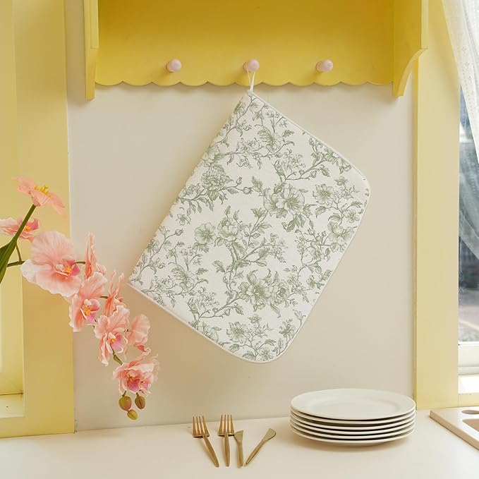 Sage Green Dish Drying Mat 18 x 24 Inch Chinoiserie Light Green Floral Drying - Image 4