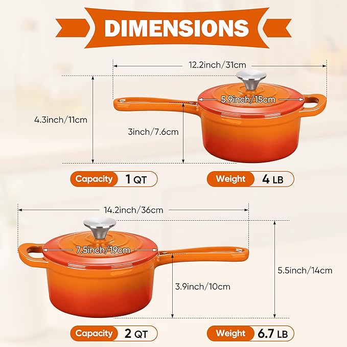Homikit 1 QT & 2 QT Saucepan Set, Enameled Cast Iron Saucepan - Image 2